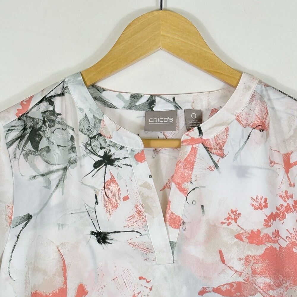 Chico's Top Women 0 Small Peach Green White Floral Coastal Flowy Sheer Shirt - Picture 2 of 7